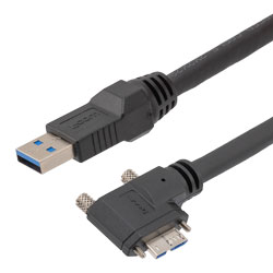 高柔性拖链级USB3.0线缆组件，A型公头至直角左出线Micro-B型公头，带机器视觉锁紧螺丝， VW-1阻燃等级PVC护套，黑色，0.5米的图片