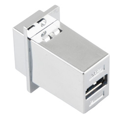 USB3.0转接头/耦合器，ECF法兰式接线板安装，B型母头/A型母头，镀铬屏蔽层ABS外壳，银色的图片