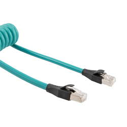 超五类以太网弹簧线组件，90度出线后连接RJ45-RJ45接头，使用F / UTP箔屏蔽 26AWG绞合高柔性工业无卤TPU电缆护套，蓝绿色，长度为6到36英寸的图片