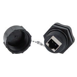 超6类IP68防护等级穿壁式面板安装以太网耦合器/适配器，屏蔽，RJ45至RJ45馈通，PoE+，黑色，带防尘盖的图片